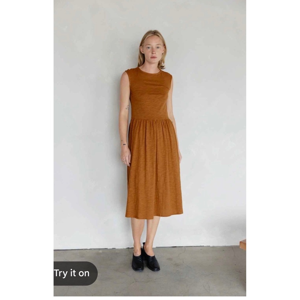 Mod Ref Rust Brown Cotton Slub Sleeveless Midi Dress with Pockets Large